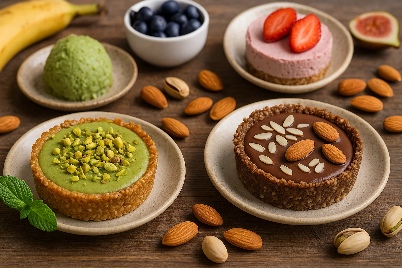 Sobremesas veganas e sustentáveis servidas em pratos minimalistas, com frutas frescas, castanhas e elementos naturais em um ambiente claro e moderno